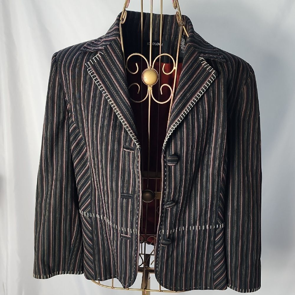 Vintage Striped Detailed Stitching Notched Collar 3 Button Blazer Dark Academia